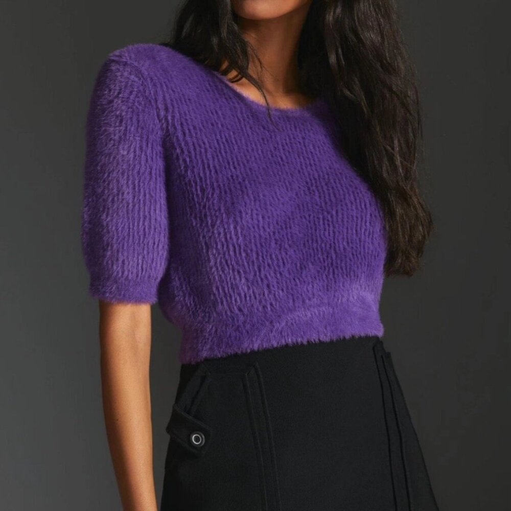Anthropologie Oval Square Young Knit Pansy Purple Crop Sweater